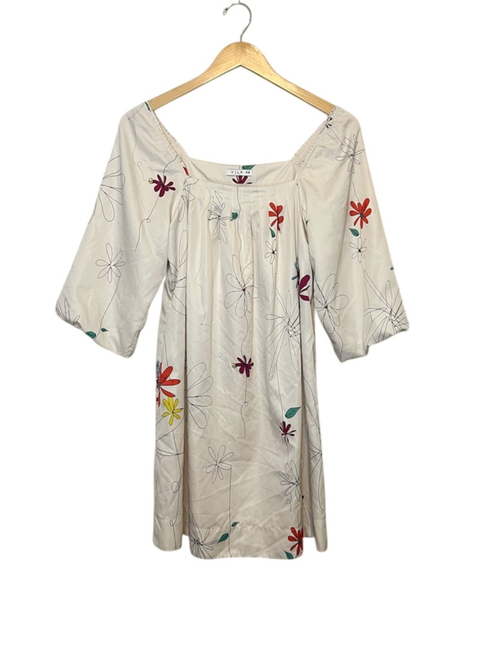 Vila Flower Print Fine Line Doodle Mini Summer Dress XS